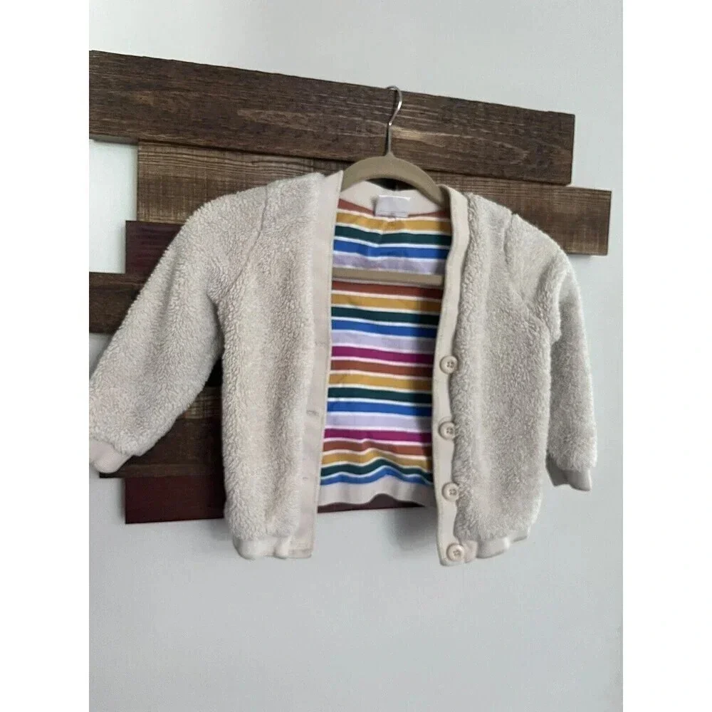 Hanna Andersson Sherpa ButtonUp Sweater Cardigan 4 ivory rainbow striped lining